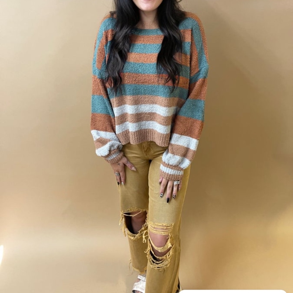 Camel Teal Cozy Brush Multi Striped Sweater - size large